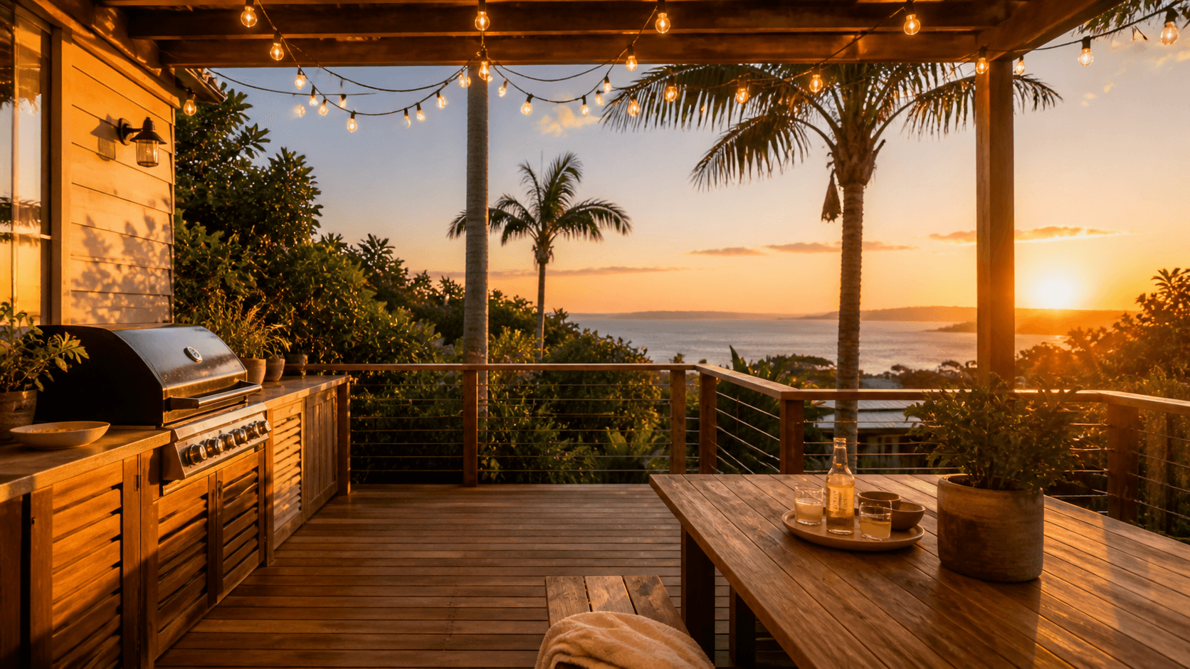 Outdoor BBQ deck at sunset with festoon lights