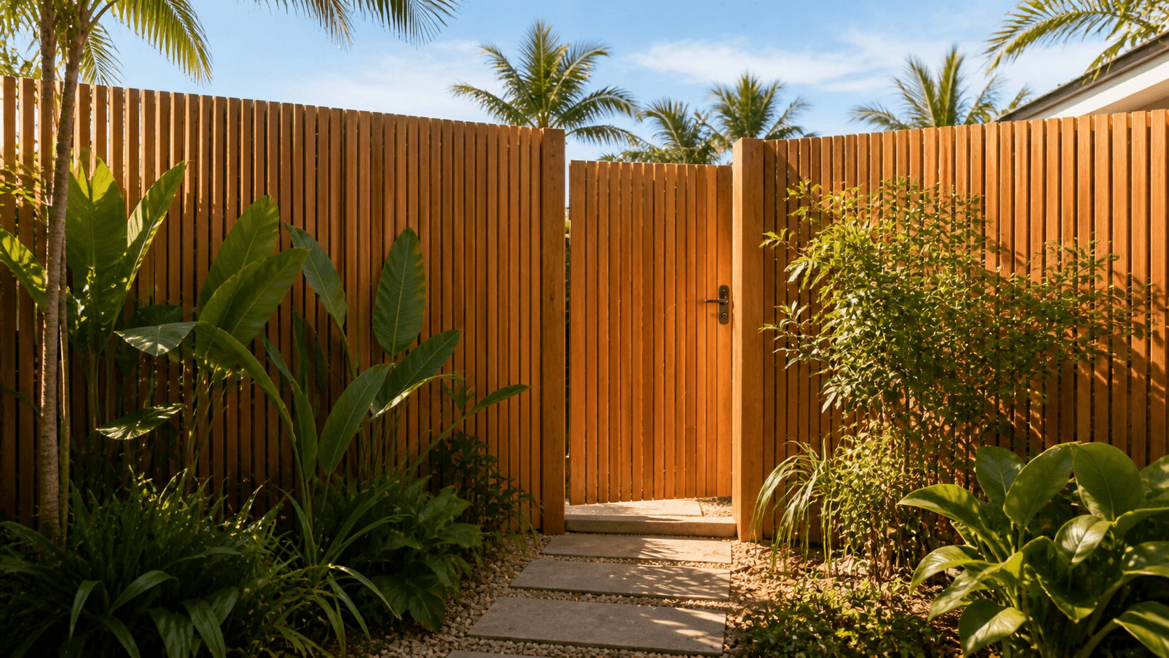Timber fence and gate in a leafy garden