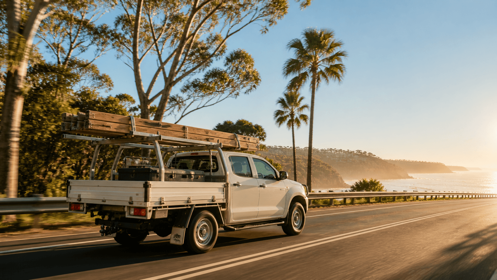 Work truck driving along a suburban road